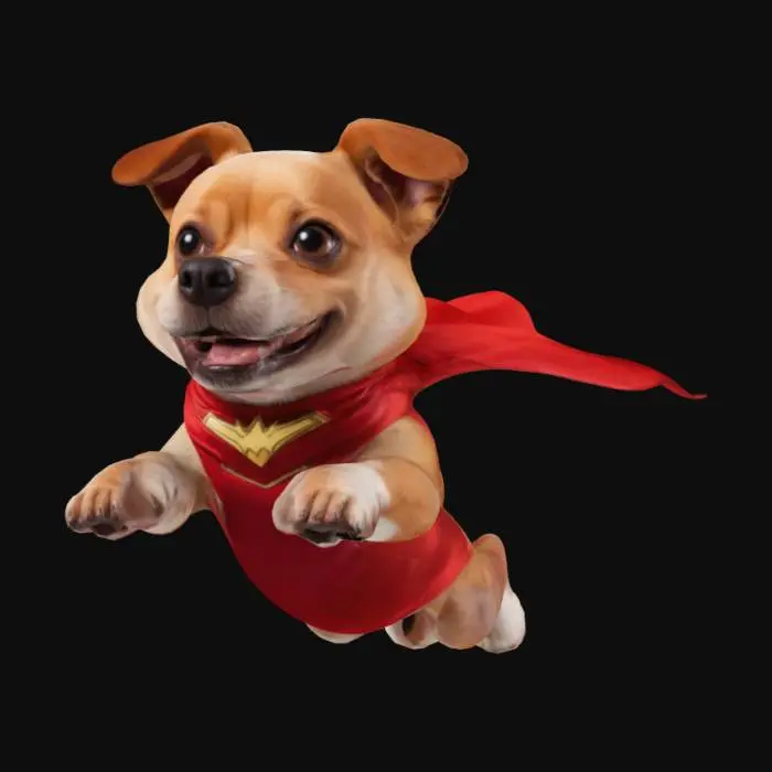 3D model for Imagine a superhero dog, happily flying through the air, body in leaping pose, wearing a red flowing cape