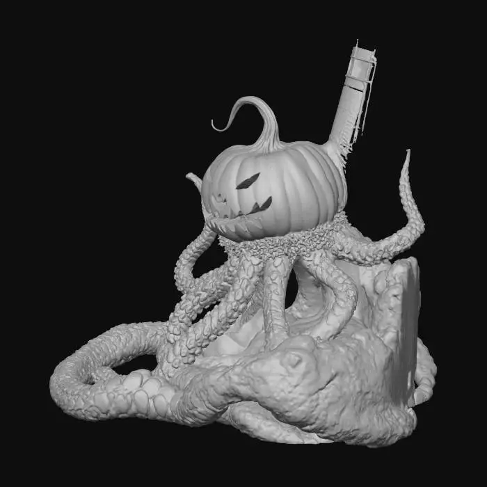 3D model for Giant pumpkin kraken rising from stormy sea, tentacles made of braided vines and carved pumpkins with glowing eyes, battered lighthouse half-submerged, dynamic water splashes, moody dramatic lighting, photoreal stylized.