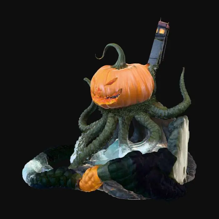 3D model for Giant pumpkin kraken rising from stormy sea, tentacles made of braided vines and carved pumpkins with glowing eyes, battered lighthouse half-submerged, dynamic water splashes, moody dramatic lighting, photoreal stylized.