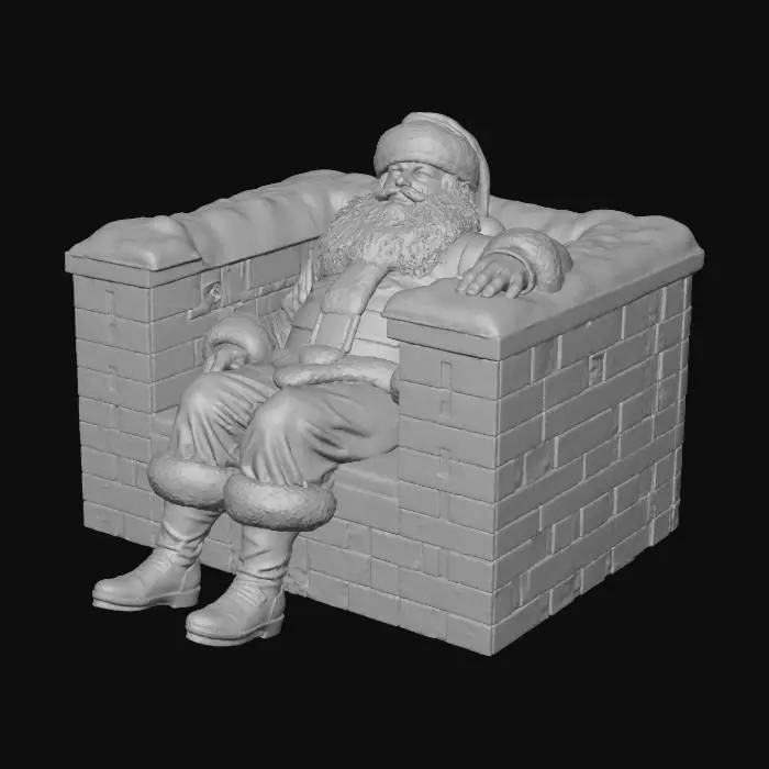 3D model for Top-down view of Santa Claus stuck inside a square brick chimney, only his round red-suited backside and black boots visible. Cozy winter rooftop setting with light snow buildup around the chimney. Comedic, family-friendly holiday tone. Clean geometry, stylized proportions, smooth surfaces, vibrant PBR textures. Soft moonlit lighting. Designed as a single 3D scene with Santa partially inside the chimney., #Christmas2025#