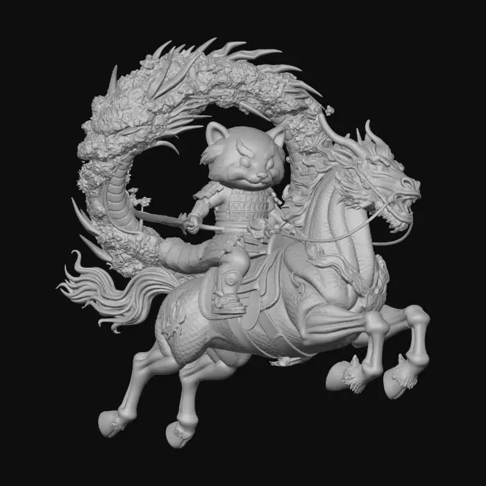 3D model for Panda Samurai on a Flaming Dragon