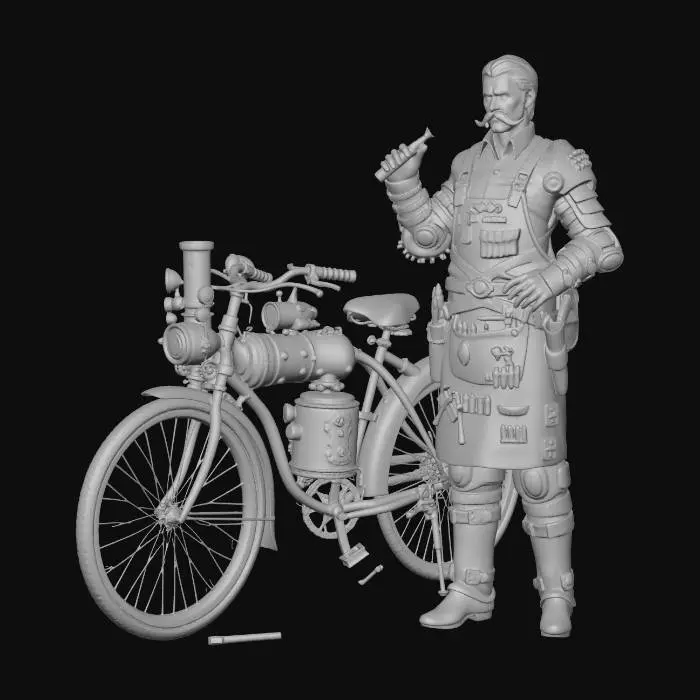 3D model for Steampunk Engineer and His Steam Bicycle