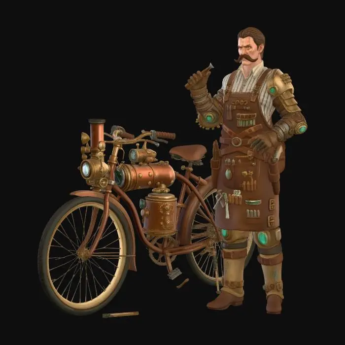 3D model for Steampunk Engineer and His Steam Bicycle