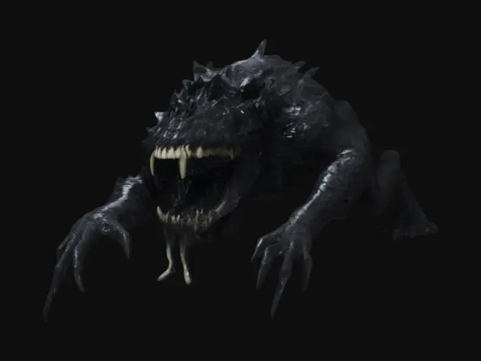 3D model for entity, covered in jagged, black scales that absorb all light, making it appear as if it's made from the darkness itself It has no eyes, and its mouth opens wide, revealing rows of sharp teeth made of bone, constantly dripping with a tar-like substance