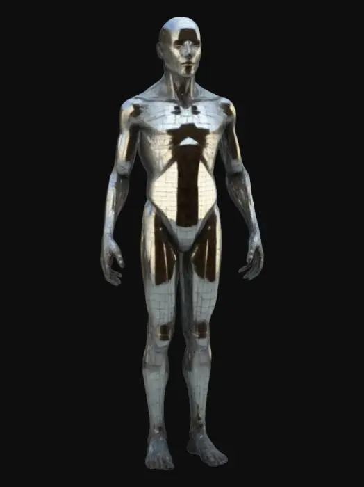 3D model for a extremely tall humanoid figure, but its skin is made entirely of fractured mirrors, Its form is unnervingly smooth and eerily symmetrical, The creature has no face, just an empty, smooth expanse where eyes and a mouth should be