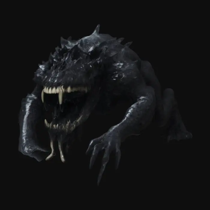 3D model for entity, covered in jagged, black scales that absorb all light, making it appear as if it's made from the darkness itself It has no eyes, and its mouth opens wide, revealing rows of sharp teeth made of bone, constantly dripping with a tar-like substance