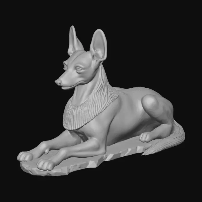 3D model for a painted wooden Egyptian Statue of Anubis dog lying down on a block of obisdian, tail hanging off the side. the pose is vigilant and majestic, with head held high and ears perky.