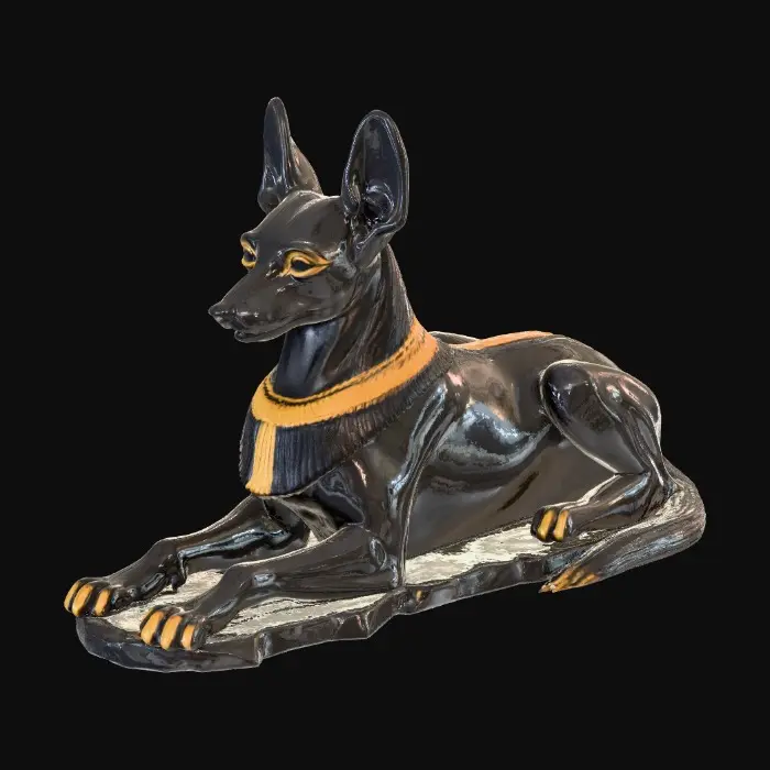 3D model for a painted wooden Egyptian Statue of Anubis dog lying down on a block of obisdian, tail hanging off the side. the pose is vigilant and majestic, with head held high and ears perky.