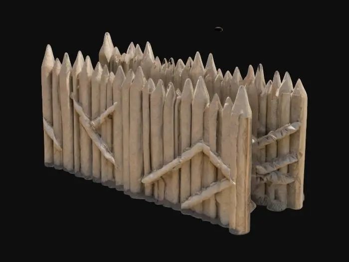 3D model for Wooden Chevron spikes wall sticking out of the ground(Aka a wall of wooden spikes sticking out of the ground with a wall of sandbags behind them)