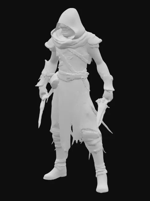 3D model for Create a 3D model of a stealthy undead assassin known as a Wightshade Stalker. The figure is slim and agile, wearing torn, shadow-infused leather armor partially fused with pale, decayed flesh. A shredded hood and mask partially obscure a skeletal face with glowing violet eyes. Twin spectral daggers float near its hands, trailing faint wisps of necrotic energy. The armor is etched with faint runes that glow subtly in the dark. Its posture is low and predatory, perfect for ambushes. Add a faint shadow mist effect around its lower body. Ideal as a dark fantasy rogue or undead hunter enemy.
