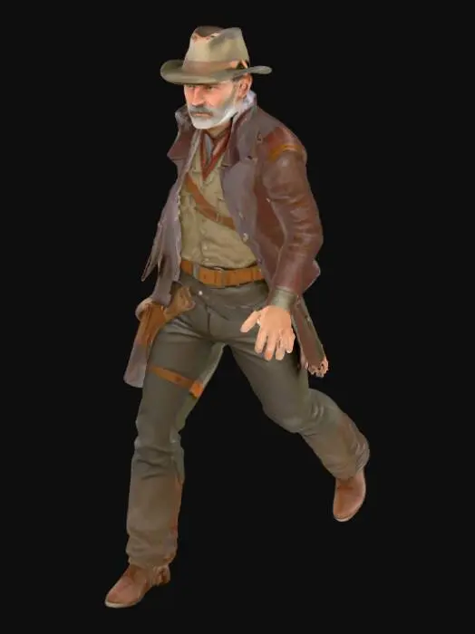 3D model for early 1900s style T-posed young and slim man hero character, post devastating war survivor, aim for realistic with low poly (avoid cartoonish style) with leather cloths (like the man with no name from fist full dollar)
