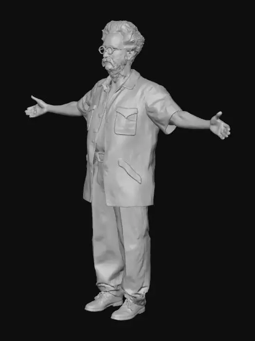 3D model for Stylized 3D model, Arcane aesthetic: an old, thin painter man. He has a sharply defined face, round, detailed glasses, and white hair. Wears a textured, square-patterned teal vest over a muted plaid shirt with visible fabric weave. Materials are depicted with a painted, slightly worn feel, showcasing a blend of geometric forms and organic textures, reflecting Arcane's distinctive visual language.