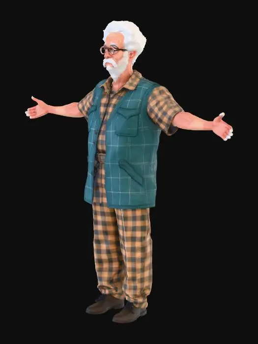 3D model for Stylized 3D model, Arcane aesthetic: an old, thin painter man. He has a sharply defined face, round, detailed glasses, and white hair. Wears a textured, square-patterned teal vest over a muted plaid shirt with visible fabric weave. Materials are depicted with a painted, slightly worn feel, showcasing a blend of geometric forms and organic textures, reflecting Arcane's distinctive visual language.