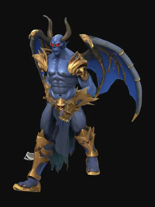 3D model for Stylized 3D model inspired by Izual from Diablo 2:
- Muscular demonic humanoid, dark-blue skin.
- Face: aggressive, glowing eyes, 2 upward + 2 downward curved horns.
- Armor: Heavy bronze-gold gothic, big shoulder plates, spikes, skulls, fabric loincloth.
- Wings: Large, rigged for Roblox, blue gradient, bat-like.
- Weapon: Curved demonic sword, metallic, firmly attached in right hand for rigged grip.
- Legs: Strong armored legs, robust boots.
Technical: Polycount <10k, Roblox UV textures (max 1024px), humanoid rig with extra wing bones, hand bones set to hold weapon, stylized realism for Roblox.