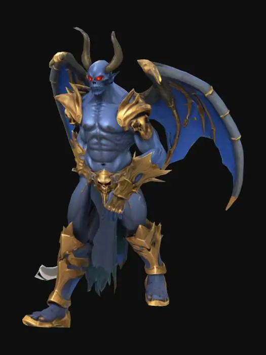 3D model for Stylized 3D model inspired by Izual from Diablo 2:
- Muscular demonic humanoid, dark-blue skin.
- Face: aggressive, glowing eyes, 2 upward + 2 downward curved horns.
- Armor: Heavy bronze-gold gothic, big shoulder plates, spikes, skulls, fabric loincloth.
- Wings: Large, rigged for Roblox, blue gradient, bat-like.
- Weapon: Curved demonic sword, metallic, firmly attached in right hand for rigged grip.
- Legs: Strong armored legs, robust boots.
Technical: Polycount <10k, Roblox UV textures (max 1024px), humanoid rig with extra wing bones, hand bones set to hold weapon, stylized realism for Roblox.