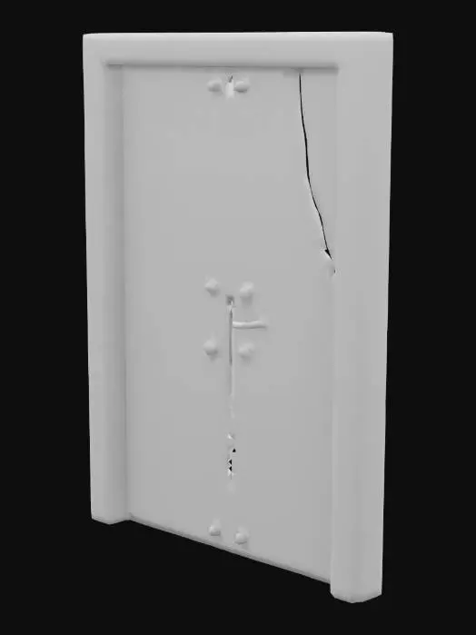 3D model for Low-poly rusty metal door with peeling paint, scratched surface, eerie greenish glow around edges