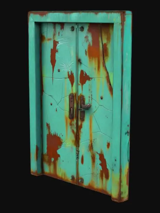 3D model for Low-poly rusty metal door with peeling paint, scratched surface, eerie greenish glow around edges
