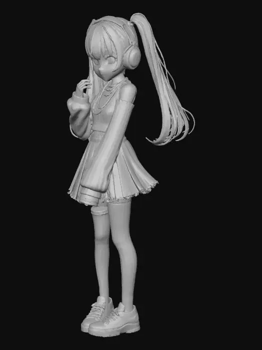 3D model for A charming anime-style egirl 3D model, depicted with lustrous black hair styled in pigtails, framing a delicate face with large, expressive eyes. She wears a crisp white crop top with subtle ribbed detailing, perfectly complementing a sleek black pleated skirt. Her outfit is accessorized with silver chain necklaces and subtle pink gaming headphones, emphasizing a modern yet cute aesthetic. The textures are smooth and stylized, typical of high-quality anime rendering.