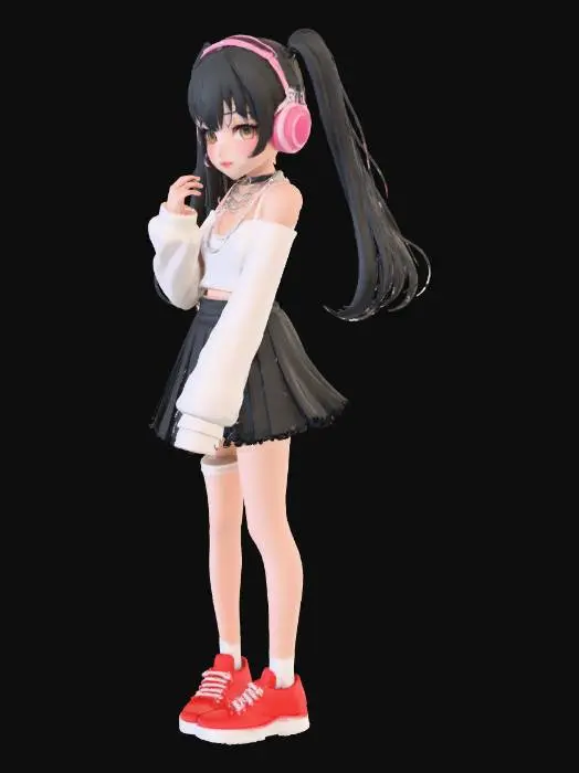 3D model for A charming anime-style egirl 3D model, depicted with lustrous black hair styled in pigtails, framing a delicate face with large, expressive eyes. She wears a crisp white crop top with subtle ribbed detailing, perfectly complementing a sleek black pleated skirt. Her outfit is accessorized with silver chain necklaces and subtle pink gaming headphones, emphasizing a modern yet cute aesthetic. The textures are smooth and stylized, typical of high-quality anime rendering.