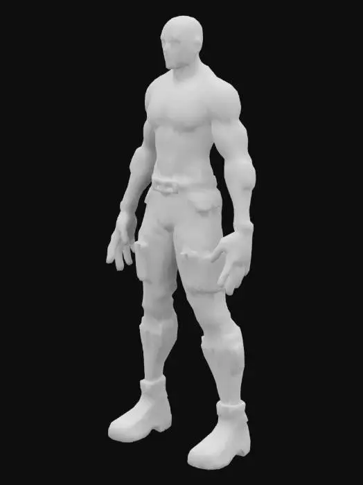 3D model for male protagonist, Anime, bald cyberpunk gritty cybernetic body and limbs, full body, no weapons, cybernetic augmentations, 3d, solid colors, low poly, game ready, Game Assets, A-pose, safe for work, 
