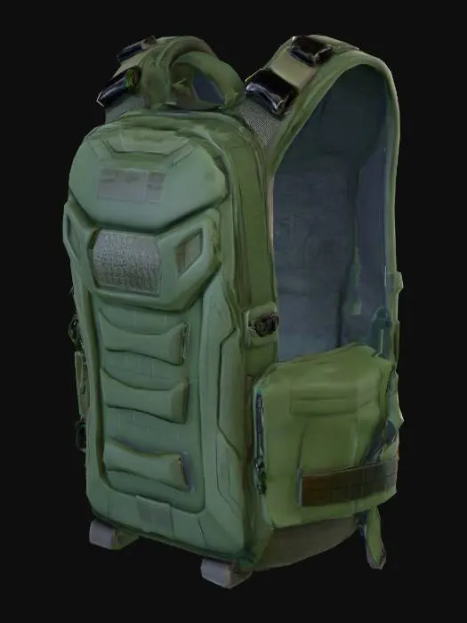 3D model for A tactical hydration pack, rendered in a deep forest green color, crafted from a durable, ripstop nylon fabric with a rugged, slightly textured finish. Integrated seamlessly across its exterior are sleek, angular futuristic aesthetic panels, appearing almost like segmented armor plates. These panels possess a smooth, semi-glossy surface that contrasts with the main fabric, and might feature subtle, geometric etchings. The pack maintains a robust, ergonomic shape, with the panels enhancing its high-tech and resilient appearance, suggesting a firm, protective tactile quality.