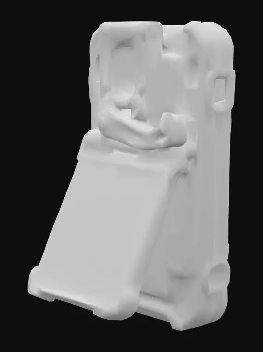 3D model for A titanfall inspired rugged tactical mobile device features a hardened, matte black polymer case, designed for extreme impact resistance. Its robust, textured surface offers a secure, non-slip grip, enhancing tactile control. An integrated, dark gray anodized aluminum lever mount projects from its backside, specifically shaped for quick attachment to a tactical vest. This sturdy mount incorporates a precise hinge, allowing the entire device to smoothly fold down into an interactive position, exposing a durable, recessed screen.