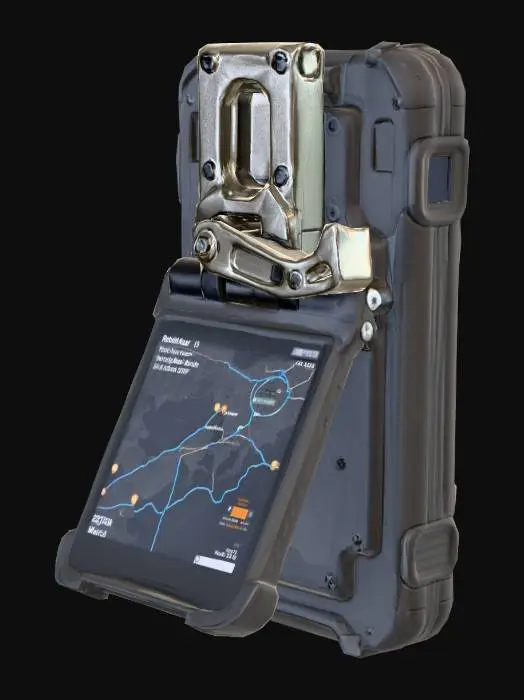 3D model for A titanfall inspired rugged tactical mobile device features a hardened, matte black polymer case, designed for extreme impact resistance. Its robust, textured surface offers a secure, non-slip grip, enhancing tactile control. An integrated, dark gray anodized aluminum lever mount projects from its backside, specifically shaped for quick attachment to a tactical vest. This sturdy mount incorporates a precise hinge, allowing the entire device to smoothly fold down into an interactive position, exposing a durable, recessed screen.