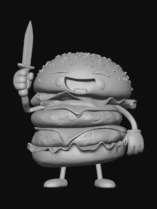 3D model for An anthropomorphic cheeseburger, with a plump, golden-brown sesame seed bun forming its head and body, exhibiting a soft, slightly toasted texture. Its front bun displays a big, happy, wide-open smiling face with rosy cheeks. One cartoon-like arm, made of bun material, is raised in a friendly wave. Behind its back, the other arm, similarly formed, securely grips a gleaming silver kitchen knife with a dark, smooth handle. Layers of grilled patty, vibrant green lettuce, and bright yellow melted cheese are visible within its rounded, layered form, all appearing deliciously textured., #villain#