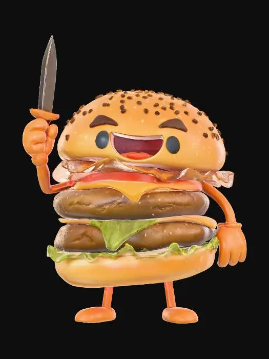 3D model for An anthropomorphic cheeseburger, with a plump, golden-brown sesame seed bun forming its head and body, exhibiting a soft, slightly toasted texture. Its front bun displays a big, happy, wide-open smiling face with rosy cheeks. One cartoon-like arm, made of bun material, is raised in a friendly wave. Behind its back, the other arm, similarly formed, securely grips a gleaming silver kitchen knife with a dark, smooth handle. Layers of grilled patty, vibrant green lettuce, and bright yellow melted cheese are visible within its rounded, layered form, all appearing deliciously textured., #villain#