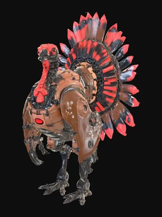 3D model for A formidable mecha turkey, constructed from dark, burnished bronze and crimson-enameled steel armor plates with a sleek, tough finish. Its exaggerated, robust body maintains a turkey's general form, but with heavily articulated joints, pistons, and glowing red optical sensors embedded in its segmented head. Its massive tail fan is composed of razor-sharp, overlapping metallic blades, while armored "wattles" frame a menacing, robotic "beak." It possesses a rigid, powerful stance, exuding an aura of formidable Thanksgiving revenge.