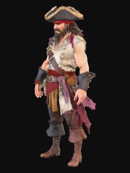 3D model for A super realistic image of a male pirate in 3D blender style, pbr textures, Highest res