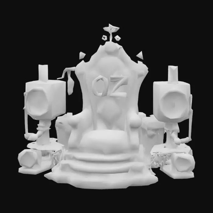 3D model for A cartoon-style emerald throne with gold detailing, designed for a chibi-style room. The letters "O" and "Z" are prominently superimposed on the high-backed throne, which sits atop a raised dais. Surrounding the throne is an array of steampunk-inspired paraphernalia—pipes, handles, valves, chimneys, boilers—all interconnected with intricate metallic tubing, adding a sense of chaotic ingenuity. Large speakers flank either side, integrated into the mechanical framework, emphasizing the theatrical presence of the Wizard nearby but out of sight. The overall model exudes an imposing grandeur while maintaining an uneven, haphazard charm, ensuring it fits within the whimsical yet bold aesthetic of a chibi world.