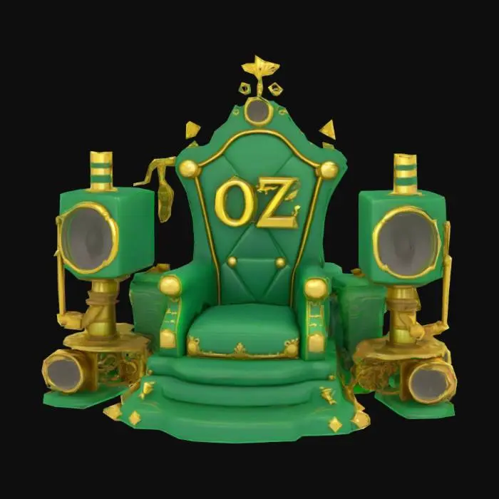 3D model for A cartoon-style emerald throne with gold detailing, designed for a chibi-style room. The letters "O" and "Z" are prominently superimposed on the high-backed throne, which sits atop a raised dais. Surrounding the throne is an array of steampunk-inspired paraphernalia—pipes, handles, valves, chimneys, boilers—all interconnected with intricate metallic tubing, adding a sense of chaotic ingenuity. Large speakers flank either side, integrated into the mechanical framework, emphasizing the theatrical presence of the Wizard nearby but out of sight. The overall model exudes an imposing grandeur while maintaining an uneven, haphazard charm, ensuring it fits within the whimsical yet bold aesthetic of a chibi world.