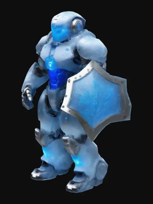 3D model for Create a humanoid robot with an armored, muscular build, featuring heavy plating across the chest, shoulders, and legs. One arm is equipped with a large, glacier-themed shield made of translucent, icy material with glowing blue light and frost patterns. The other arm has a high-tech watch embedded into the wrist, displaying glowing symbols to track and prepare for specific attacks. Use icy blues, whites, and metallic silvers. The robot should have glowing eyes and a futuristic, defensive design