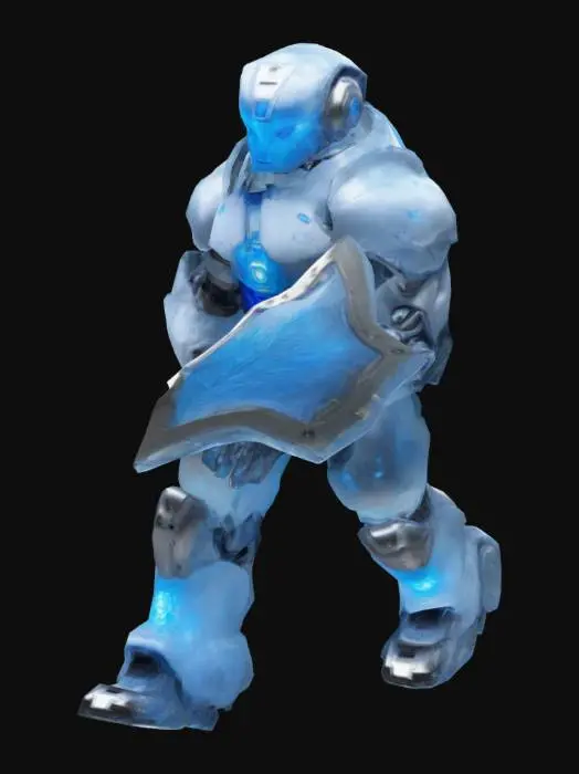 3D model for Create a humanoid robot with an armored, muscular build, featuring heavy plating across the chest, shoulders, and legs. One arm is equipped with a large, glacier-themed shield made of translucent, icy material with glowing blue light and frost patterns. The other arm has a high-tech watch embedded into the wrist, displaying glowing symbols to track and prepare for specific attacks. Use icy blues, whites, and metallic silvers. The robot should have glowing eyes and a futuristic, defensive design