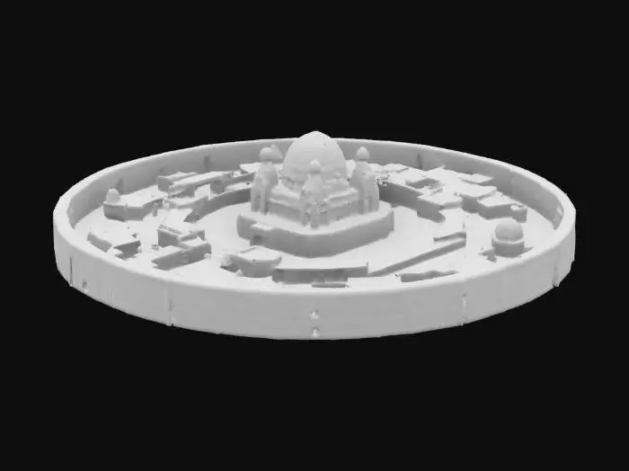 3D model for восточный город, окружён стенами. Сверху представляет собой ровный круг. В центре возвышение с главной крепостью или дворцом. Реализм, средневековье, реалистичные пропорции 