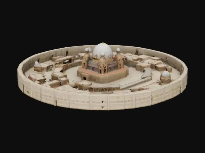 3D model for восточный город, окружён стенами. Сверху представляет собой ровный круг. В центре возвышение с главной крепостью или дворцом. Реализм, средневековье, реалистичные пропорции 