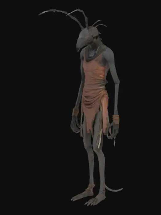 3D model for Crea un personaje estilo kenshi de un personaje estilo hormiga de un mundo posapocaliptico, sin armadura, y flaco
