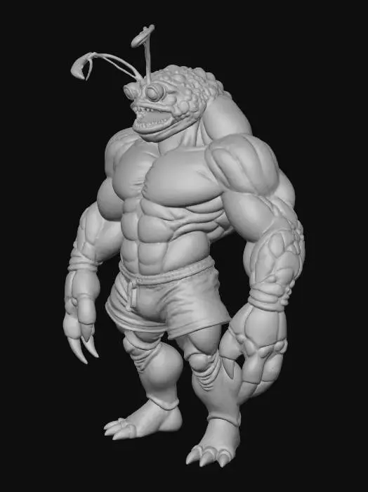 3D model for a muscular, crustacean figure with a arthropod head, resembling a crab. It has a large, orange body with visible muscle definition, and its skin appears to be slimy with a coated shell. The figure has claws resembling a crab for arms and is wearing shorts resembling swimming trunks.