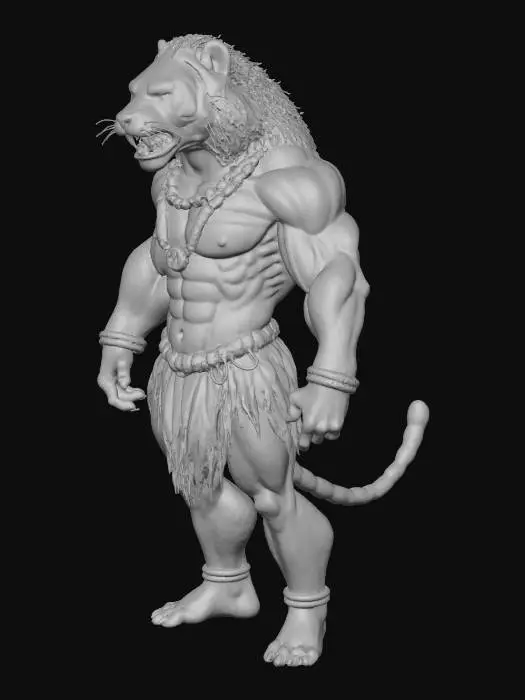 3D model for a muscular, humanoid figure with a prehistoric animal head, resembling a sabretooth tiger. It has a large, orangish, brownish body with visible muscle definition, and its skin appears to be fur-like. The figure is wearing a prehistoric outfit resembling a caveman or someone in that nature.