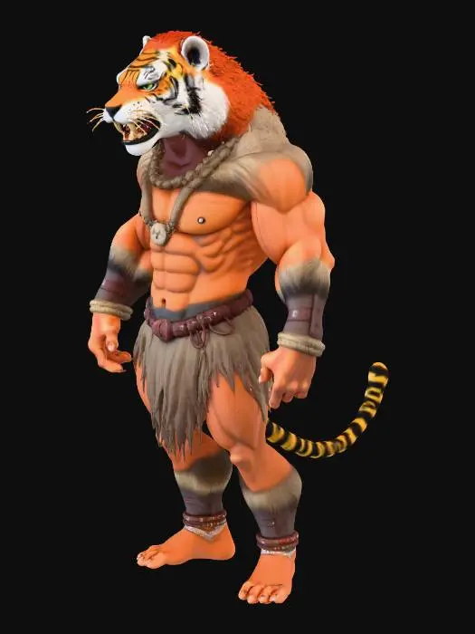 3D model for a muscular, humanoid figure with a prehistoric animal head, resembling a sabretooth tiger. It has a large, orangish, brownish body with visible muscle definition, and its skin appears to be fur-like. The figure is wearing a prehistoric outfit resembling a caveman or someone in that nature.