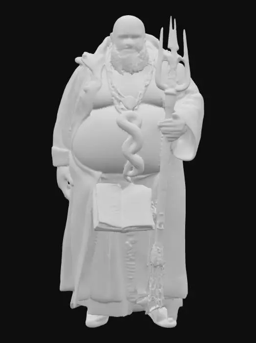 3D model for Generate an extremely fat human man, wearing torn religious robes with ornate design. His skin has the texture of snakeskin. He has a religious cult necklace with a snake insignia. He has a green snake with red eyes and two small golden horns sitting on his shoulder. He wields a pitchfork made of human bones as a weapon in one hand and holds an ancient spell book in his other hand.