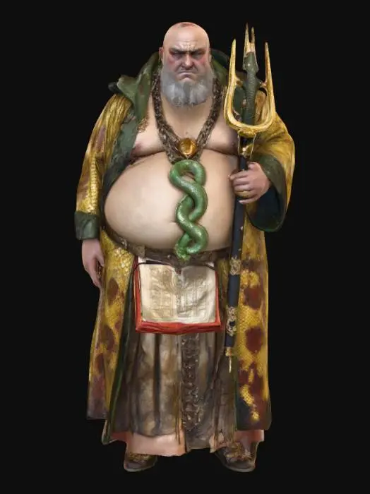 3D model for Generate an extremely fat human man, wearing torn religious robes with ornate design. His skin has the texture of snakeskin. He has a religious cult necklace with a snake insignia. He has a green snake with red eyes and two small golden horns sitting on his shoulder. He wields a pitchfork made of human bones as a weapon in one hand and holds an ancient spell book in his other hand.