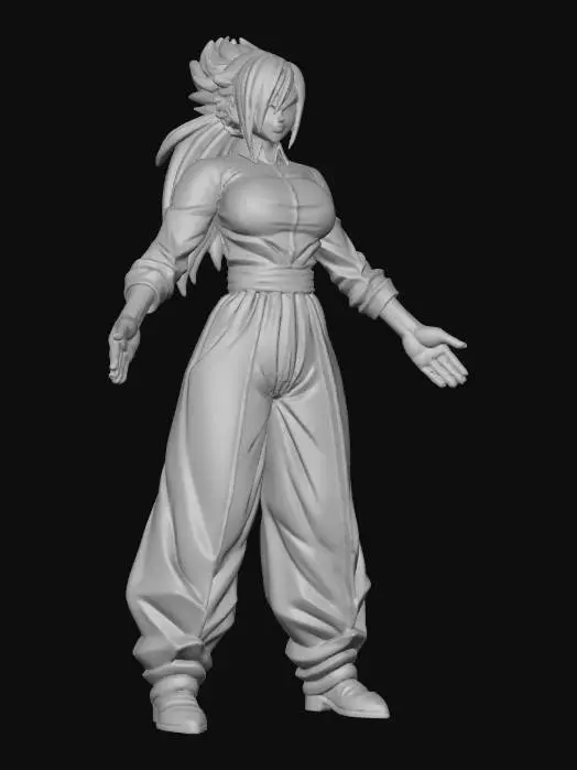 3D model for Female Martial Artist Character from the Dragonball Super Series in Black pants and White shirt.