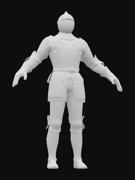 3D model for  3D model of a medieval knight in amor in a T-pose, no weapons, no shield, wearing stylized armor,  suitable for a game engine, facing forward, arms stretched horizontally. 
the amor a polished metallic suit of armor with articulated joints, fluted surfaces, and intricate engravings, featuring a closed helmet and gauntleted gloves.