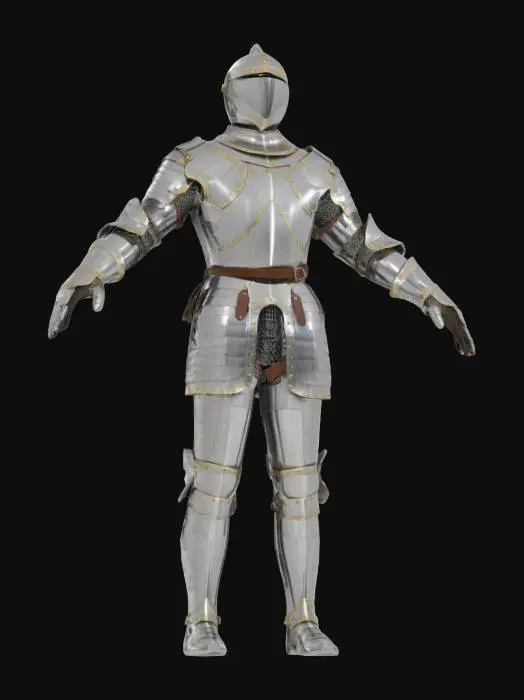 3D model for  3D model of a medieval knight in amor in a T-pose, no weapons, no shield, wearing stylized armor,  suitable for a game engine, facing forward, arms stretched horizontally. 
the amor a polished metallic suit of armor with articulated joints, fluted surfaces, and intricate engravings, featuring a closed helmet and gauntleted gloves.