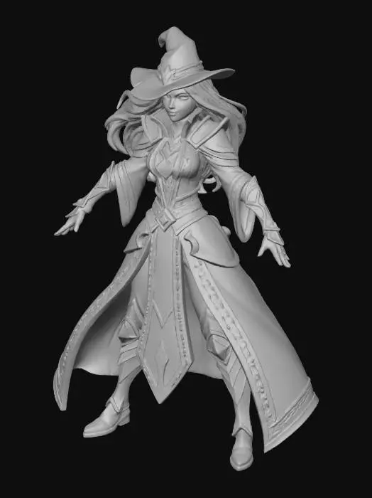 3D model for A beautiful sexy evil witch stylized as video game character. In A-pose body position facing directly toward camera. Legs in a wide stance. Nothing in hands. Hands closed. No background (solid white) and no shadow.