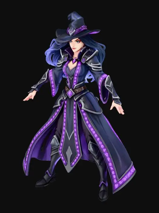 3D model for A beautiful sexy evil witch stylized as video game character. In A-pose body position facing directly toward camera. Legs in a wide stance. Nothing in hands. Hands closed. No background (solid white) and no shadow.