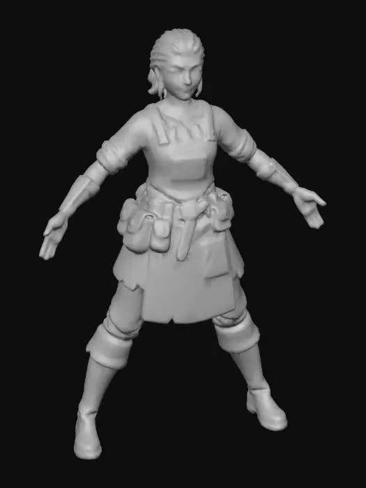 3D model for A beautiful sexy blacksmith woman stylized as video game character. In A-pose body position facing directly toward camera. Legs in a wide stance. Nothing in hands. Hands closed. No background (solid white) and no shadow.