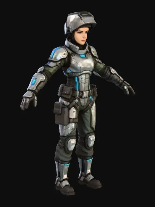 3D model for A beautiful sexy woman welder for a sci fi futuristic game. Nothing in her hands and closed hands. Should be in the T-pose position. No background (solid white) and no shadows.